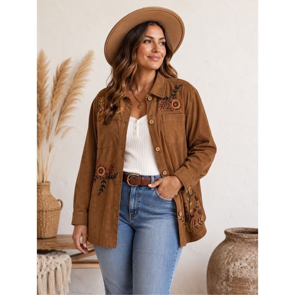 Alex Kim Brown Embroidered Faux Suede Shacket Jacket 2X Boho Southwestern